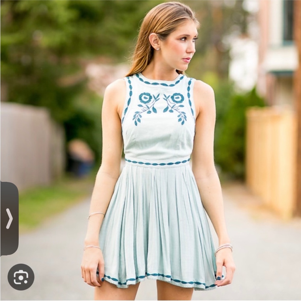 Free People Birds Of Feather Sea Fog Blue Embroidered Dress Size 0